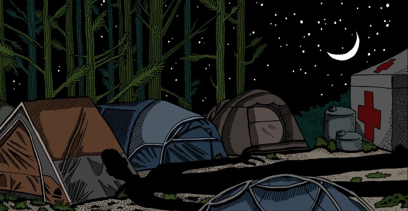 An illustration of a tree planters' tent camp in a forest at night, with a first aid tent to one side. A shadow looms over the tents, representing the threat of sexual violence.