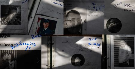 A collage of obituaries with notes.