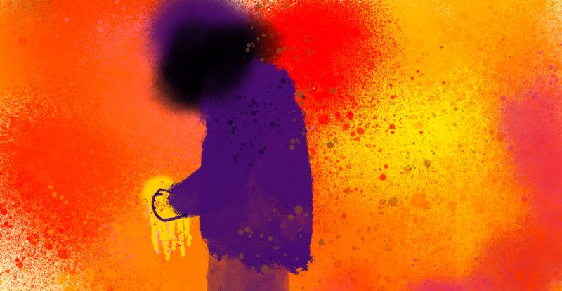 An abstract illustration of a in silhouette clenching their fist, with a dark blur over their head to express how heat can lead to aggression and poor judgement. A red, orange and yellow background suggests hot temperatures.