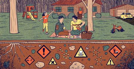 A comic-book style illustration of a family having a picnic, with one spouse wearing military fatigues and a child playing with a toy airplane. The ground underneath them has various symbols and molecule diagrams to show that it is contaminated.