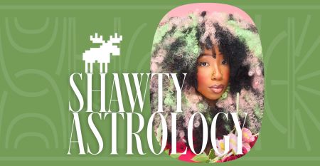 A photograph of Maryaam Lewis-Herbert, aka ShawtyAstrology, who has a lot of curly hair that is black, bright pink and bright green. She is inside a green background that includes her name and a pixelated image of a Moose.