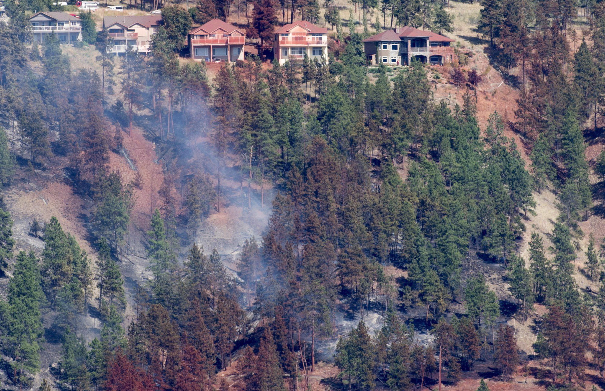 Smoke rises from a forest and a rusty-coloured fire retardant residue lingers on trees and houses after a wildfire in Lake Country, B.C., in 2017.
