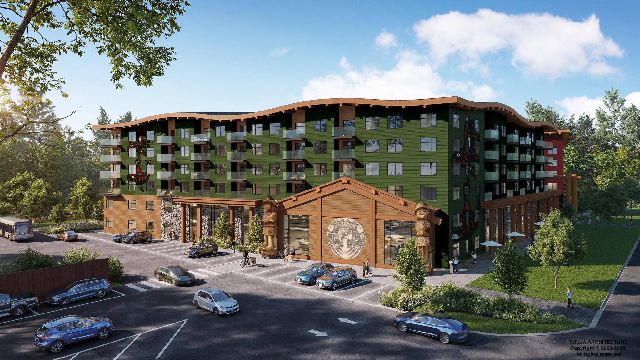 Cowichan Tribes' River's Edge rendering. It has a green and wooden exterior and Coast Salish art at the entrance of the six story building, which has a wavy roof.