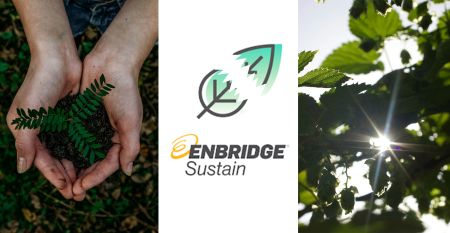A logo for an Enbridge Sustain with the leaf ripped flanked by photos of leaves