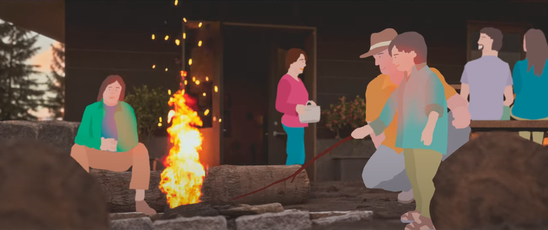 Yunesit'in wildfire-resillient house rendering, which shows a woman leaving the interior kitchen and coming outside carrying a pot to the outdoor kitchen, and a man stokes an outdoor fire