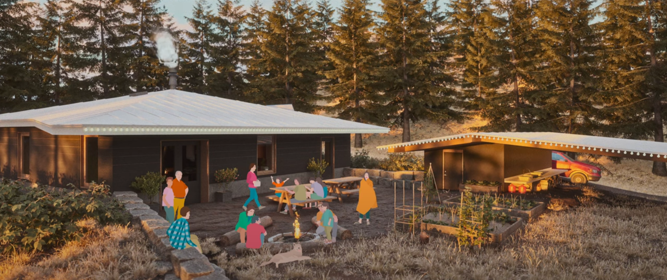 A rendering of a Yunesit'in wildfire-resilient house. It has a white roof, is one level, and has an outdoor kitchen and a shed. Animated people fill the outdoor space, sitting around the firepit