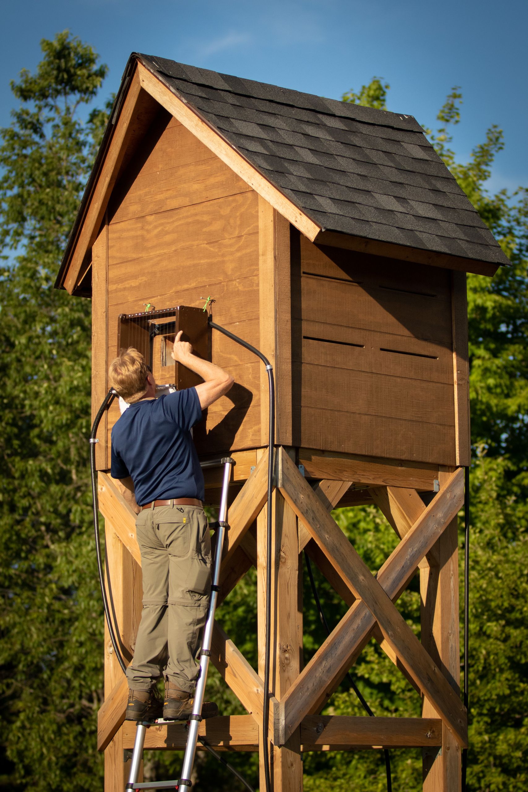 Derek Morningstar, a bat ecologist, sets a harp trap at a "bat condo" — a wooden house-like structure — on the Shawanaga First Nation