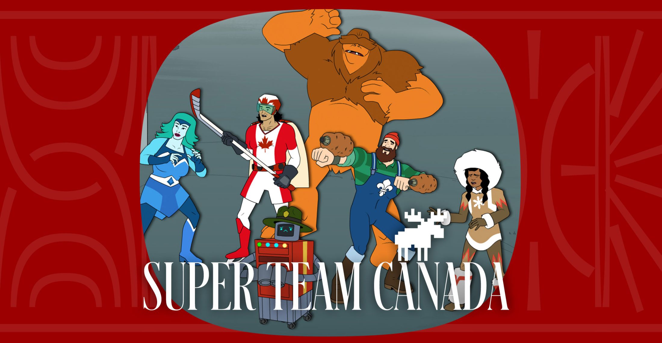 A graphic featuring illustrated superhero characters and the words "Super Team Canada."