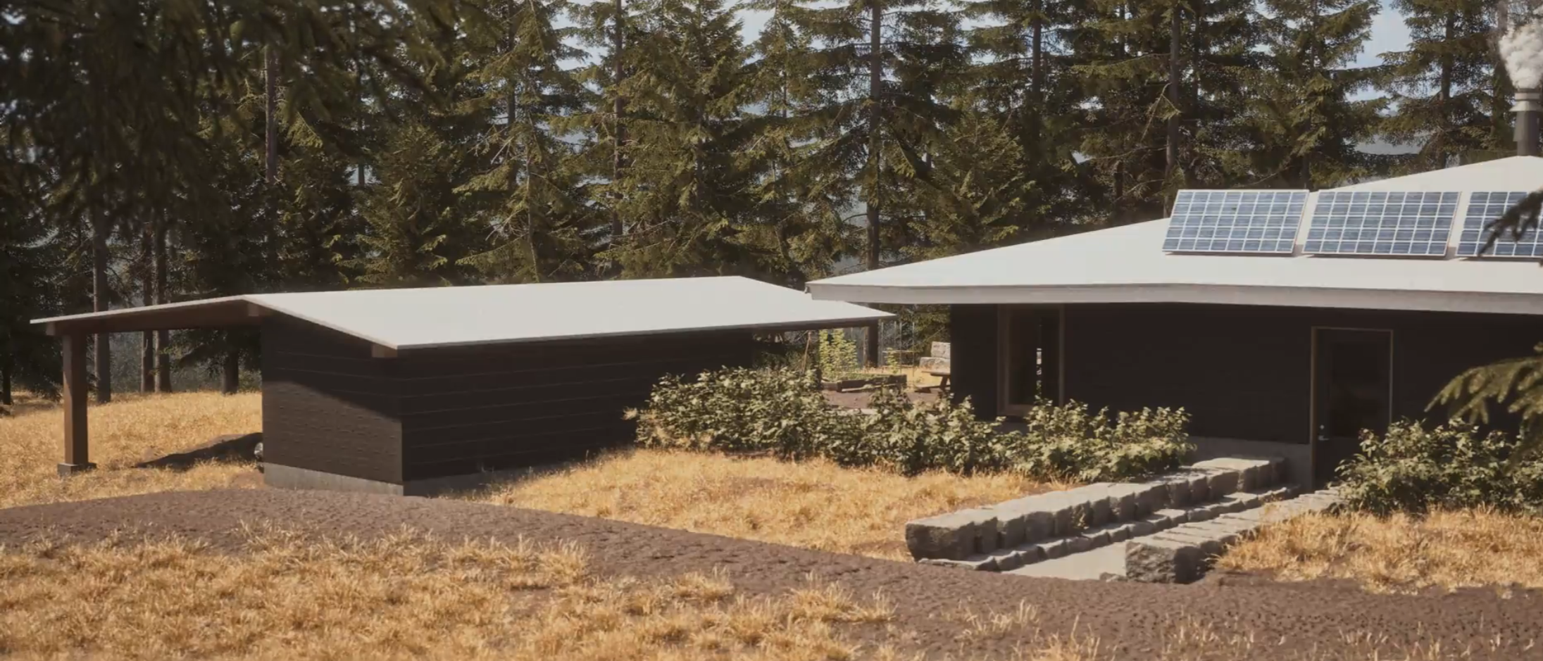 A rendering of a Yunesit'in wildfire-resilient house. It has a white roof and dark walls, is one level, and has a concrete path to the door that is slightly set in the ground. Behind it is an undercover area, also with a white metal roof. It's surrounded by trees, bushes and browned grass that reflect the ecosystem in Tsilhqot'in territory