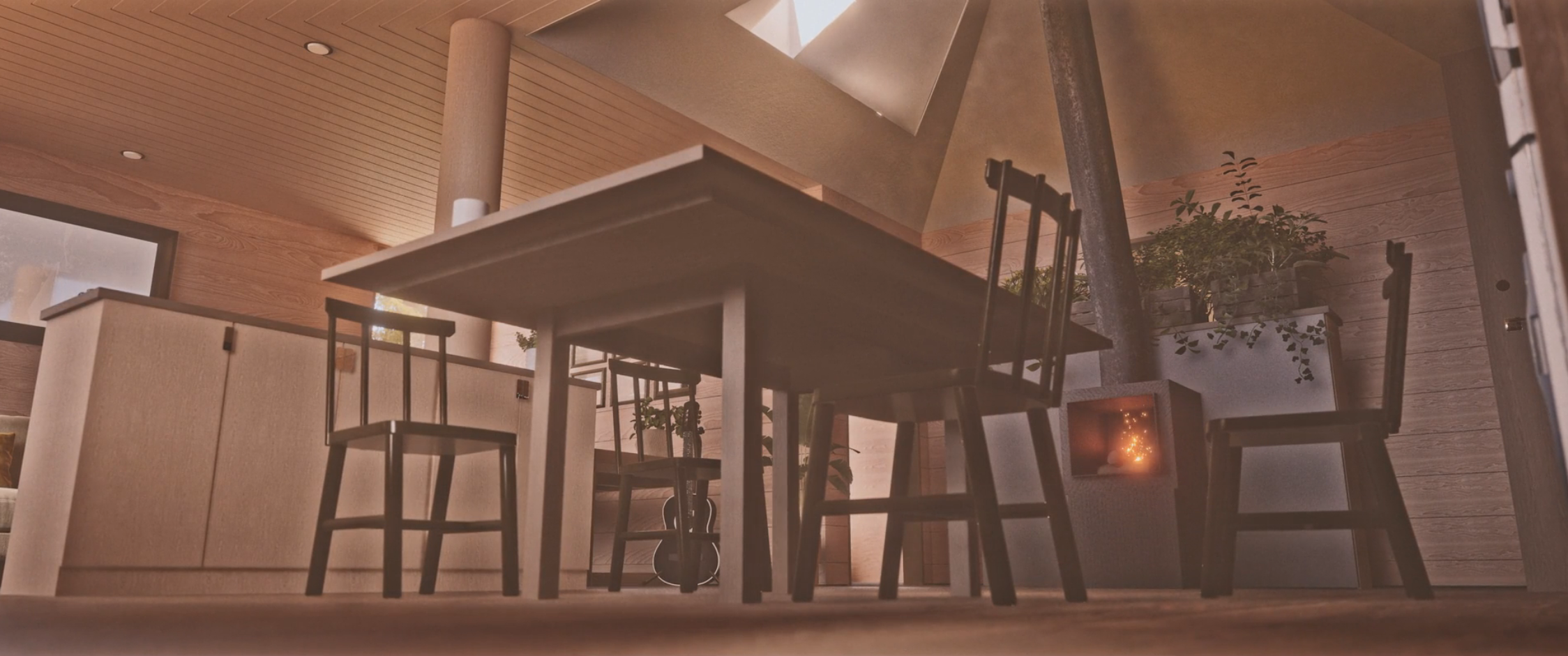 Yunesit'in wildfire-resilient house rendering of the interior. A table is near the centre of the room, next to a wood-burning stove in the centre, and underneath a skylight that lets in beams of soft sunlight.