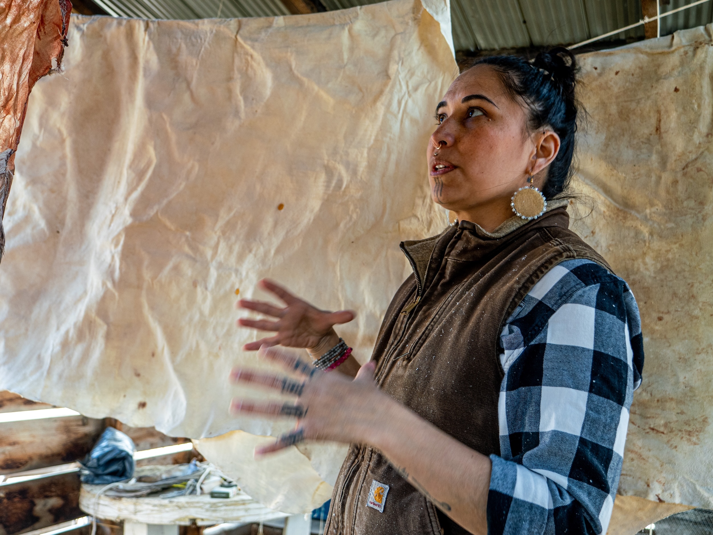 Christine Creyke, a Gwich'in/Tahltan woman gesticulating in front of caribou hides
