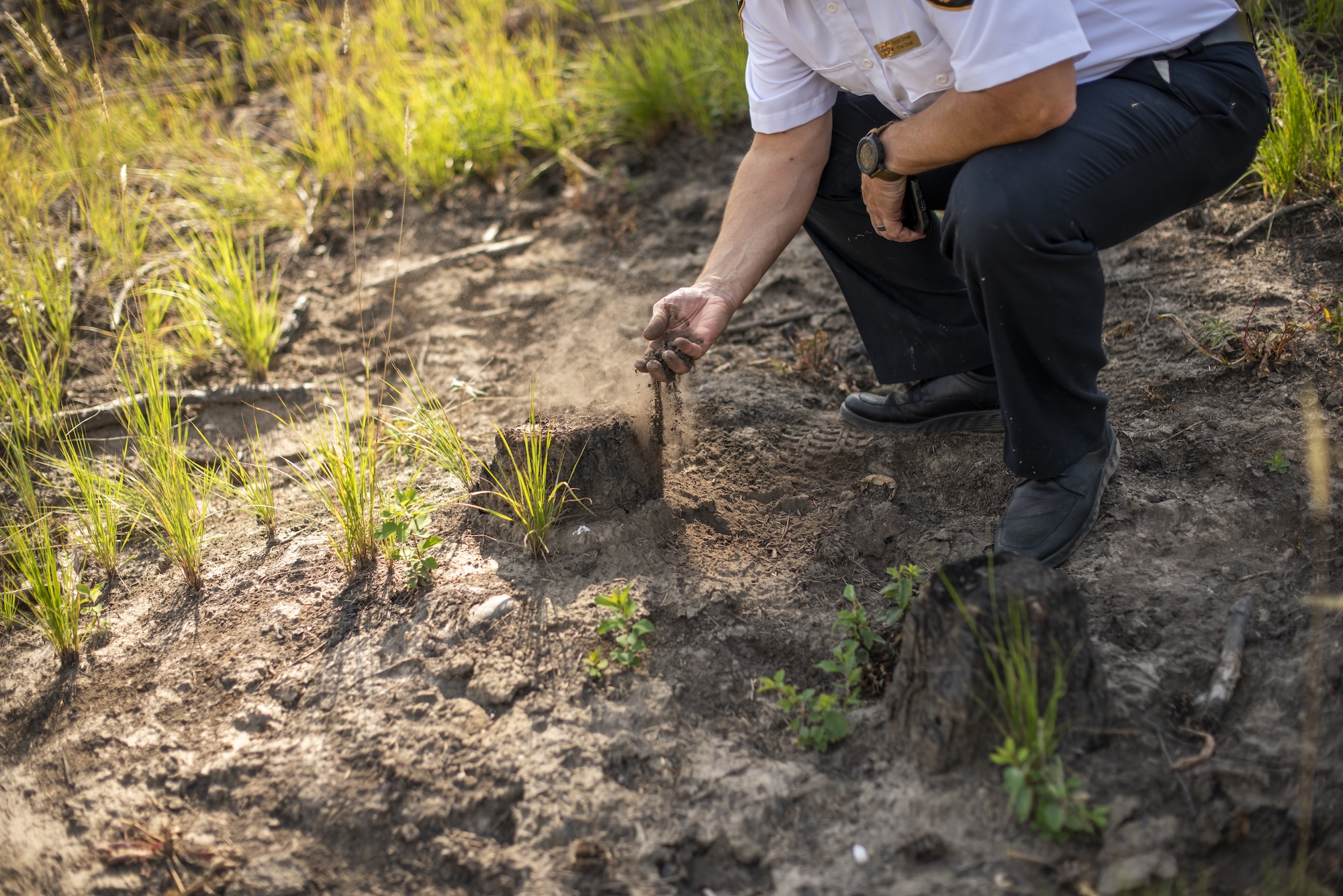 Cranbrook fire chief Scott Driver's hands in dry soil