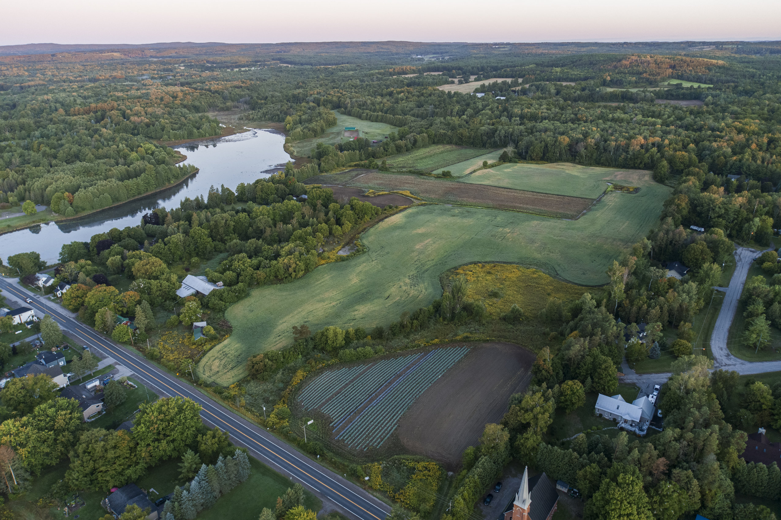 An aerial image of a parcel of land in Garden Hill, Ont. The land is currently used to grow crops. But it's now set to become a subdivision after the provincial government removed its designation as an Area of Natural and Scientific Interest.