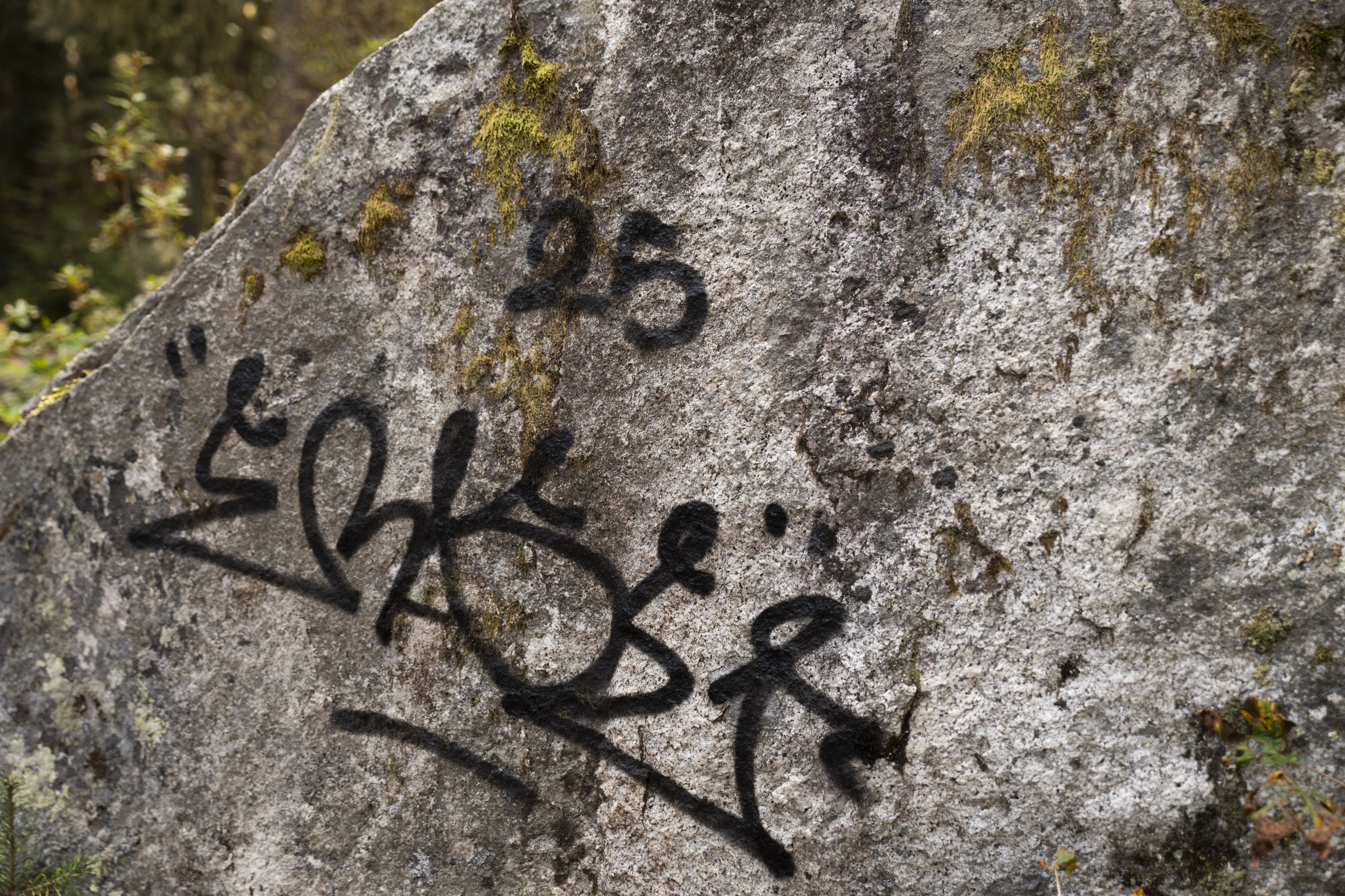 A rock with graffiti that was vandalized over Labour Day weekend at Joffre Lakes / Pipi7íyekw.