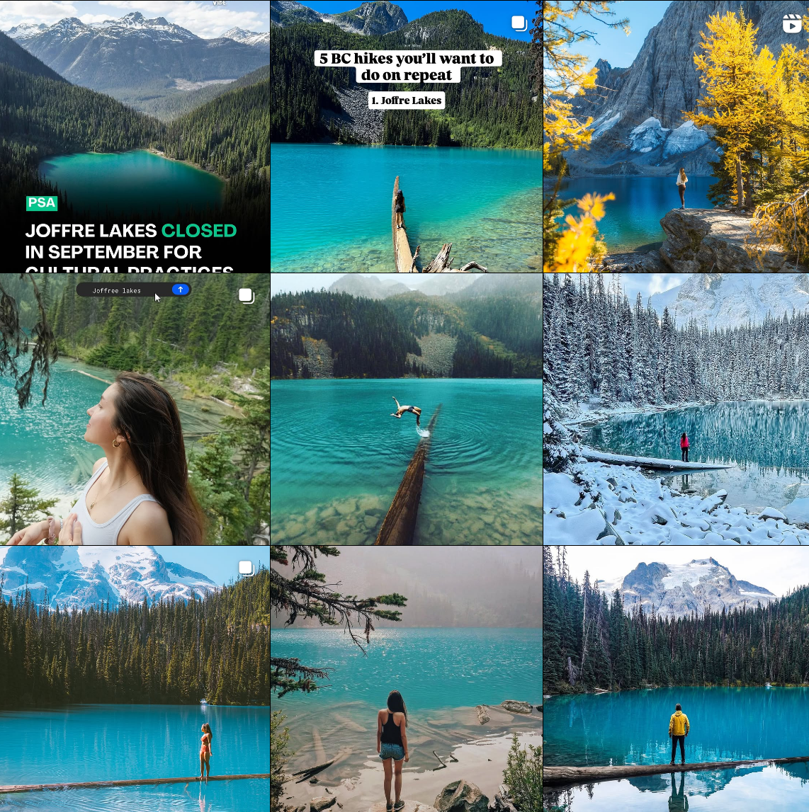 Screenshot of very similar shots of the Instagram-famous log at the second lake at Joffre Lakes, which projects out into the turquoise water, and people love to stand on for pictures.