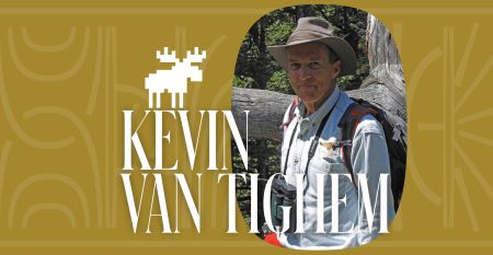 A graphic featuring a photo of Alberta nature writer Kevin Van Tighem inside a dark yellow banner, with a pixelated moose and his Van Tighem's name spelled out in front.