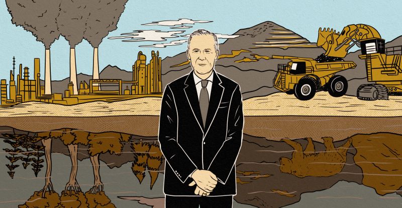An illustration of Mark Carney depicts the prime minister in a black suit with smokestacks and heavy machinery in the background.