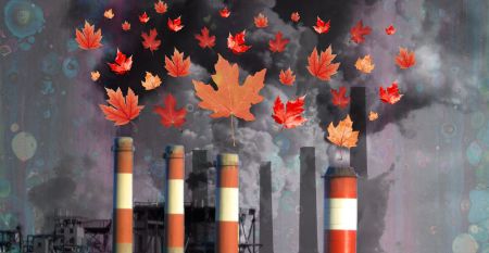 An illustration of smokestacks with maple leafs coming out of them.