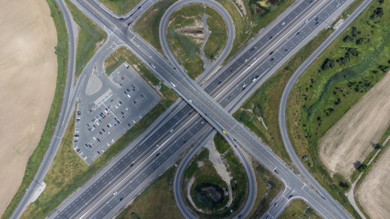 Bird's eye view of a highway interchange.
