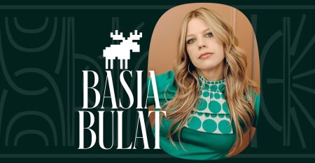 A headshot of Basia Bulat against a dark green background with her name and a moose icon spelled out in white font