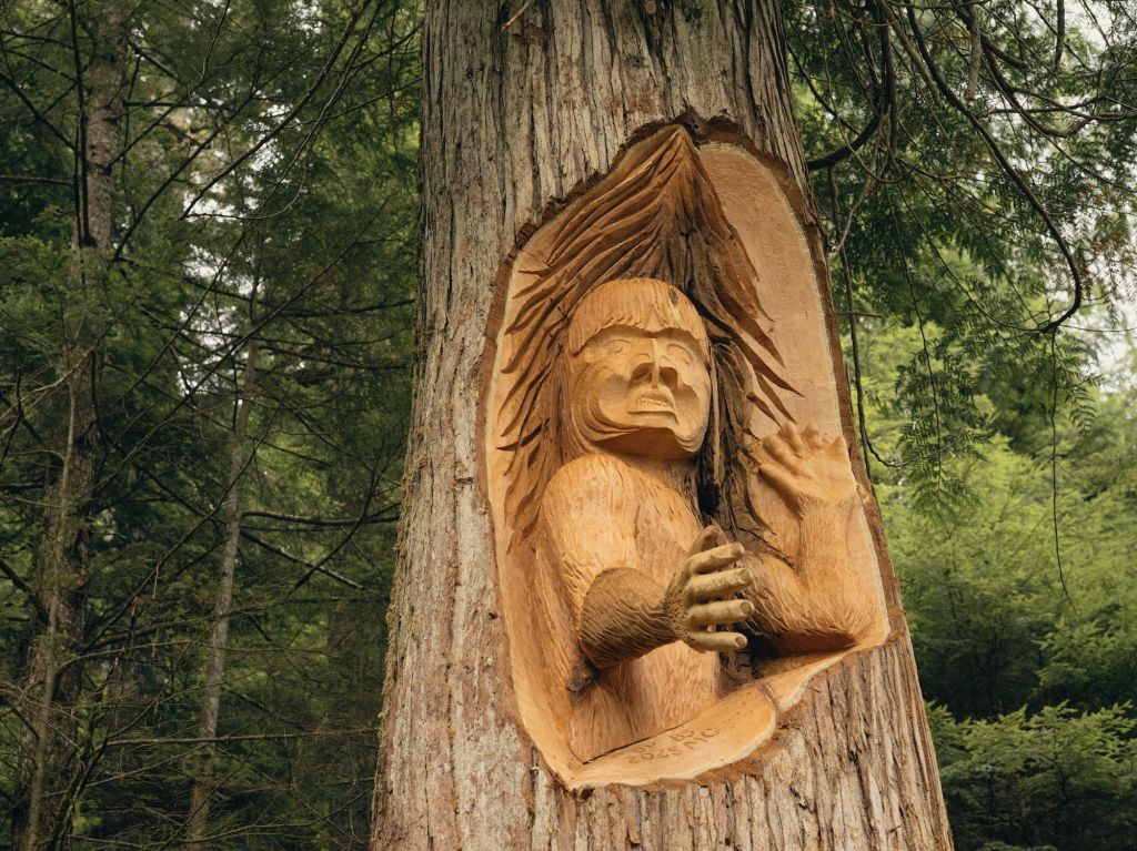 A First Nations figure carved into a tree trunk