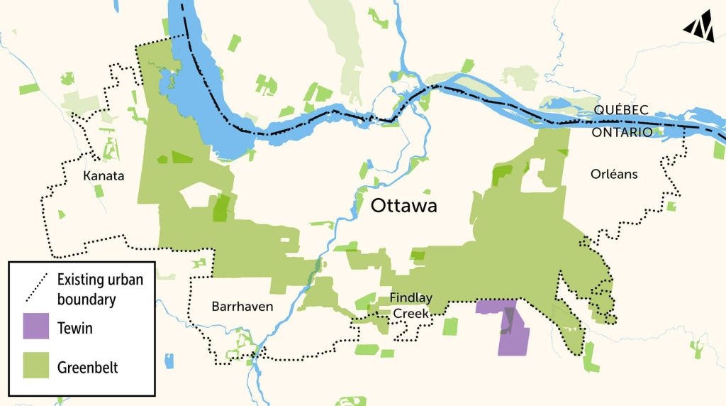 A map of the City of Ottawa's urban boundaries, with two areas highlighted: the Ottawa Greenbelt and the proposed Tewin housing development.