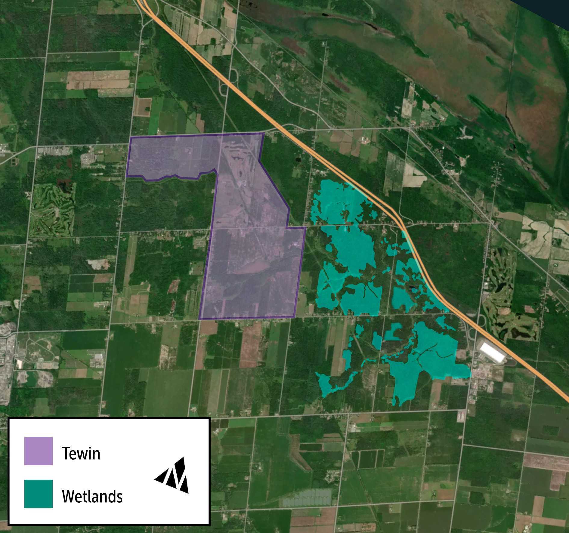 A satellite image that shows the area of the proposed Tewin housing development outside of Ottawa, as well as the wetland complex located east of the area proposed for development.