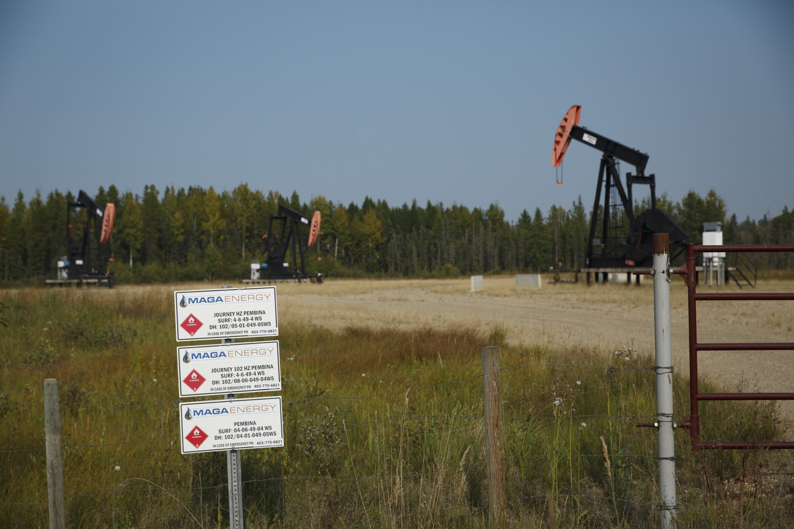 Several oil rigs in the background in a large field, with a sign in the foreground reading "MAGA Energy."