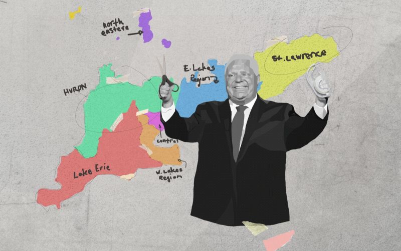A photo illustration depicting Ontario Premier Doug Ford holding scissors in one hand and tape in the other, with the province's proposed new boundaries for conservation areas in the background.