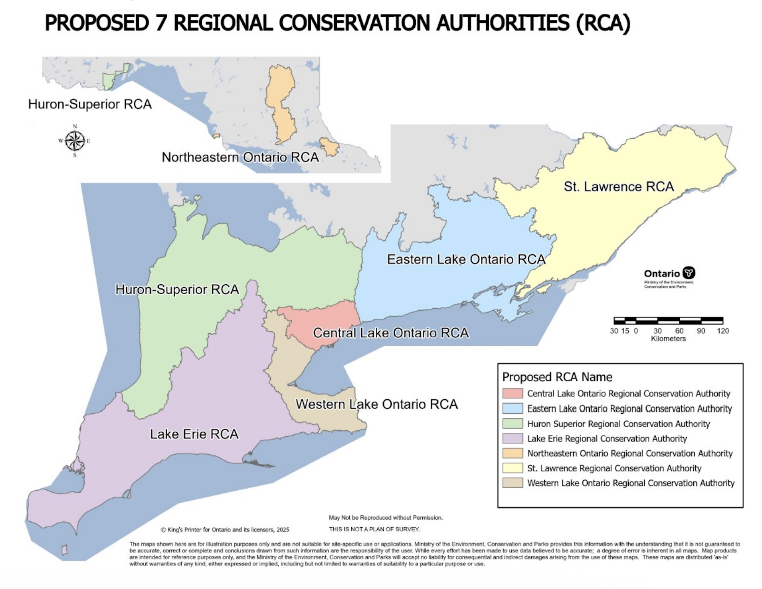 A map depicting the Government of Ontario's proposed boundaries for seven amalgamated conservation authorities.