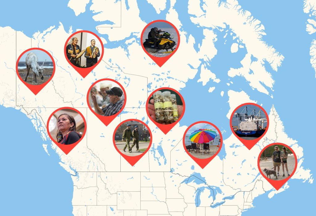 A map of Canada with place markers across it, each with a photo representing a story by The Narwhal from that region