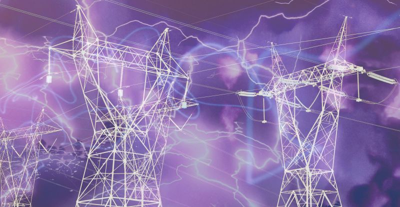 An illustration of power lines with electricity streaking between them