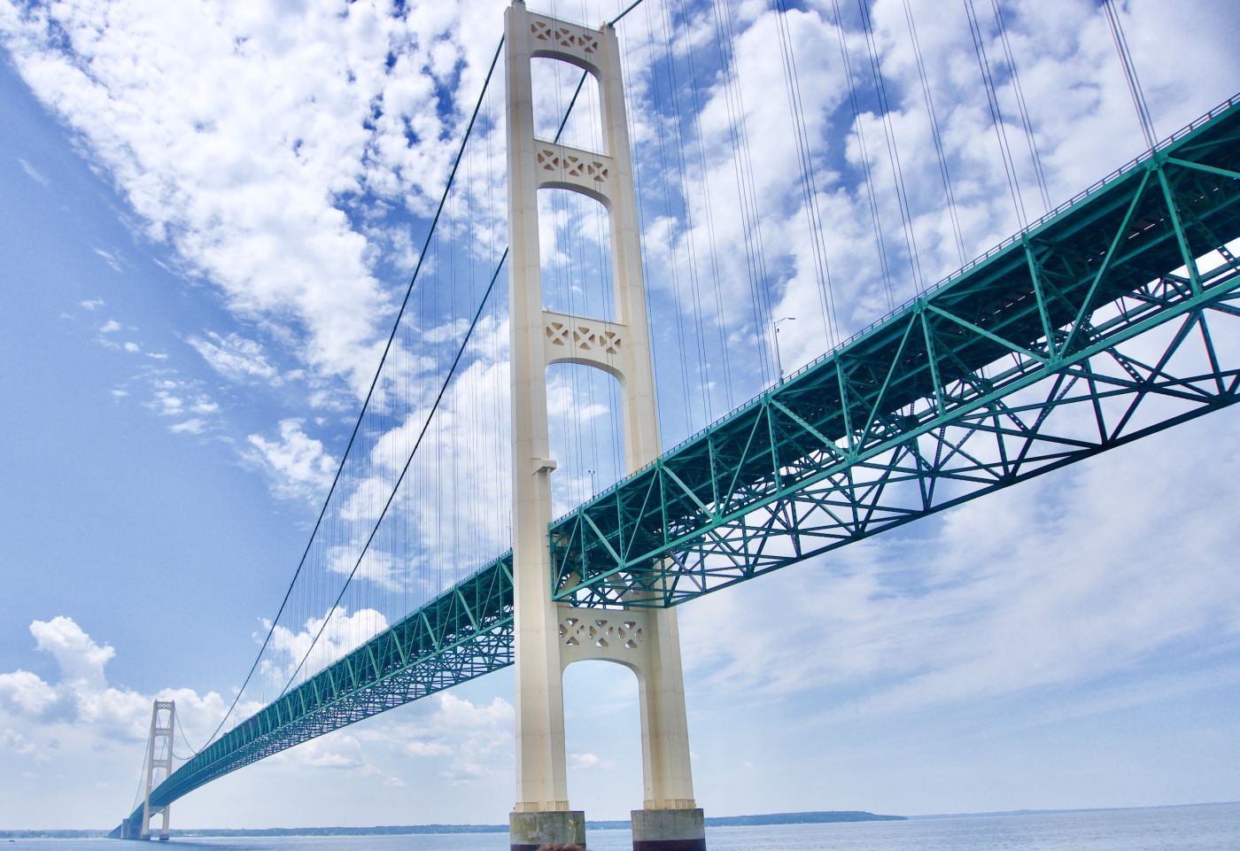 Michigan's Mackinac Bridge stands against a blue sky with clouds.