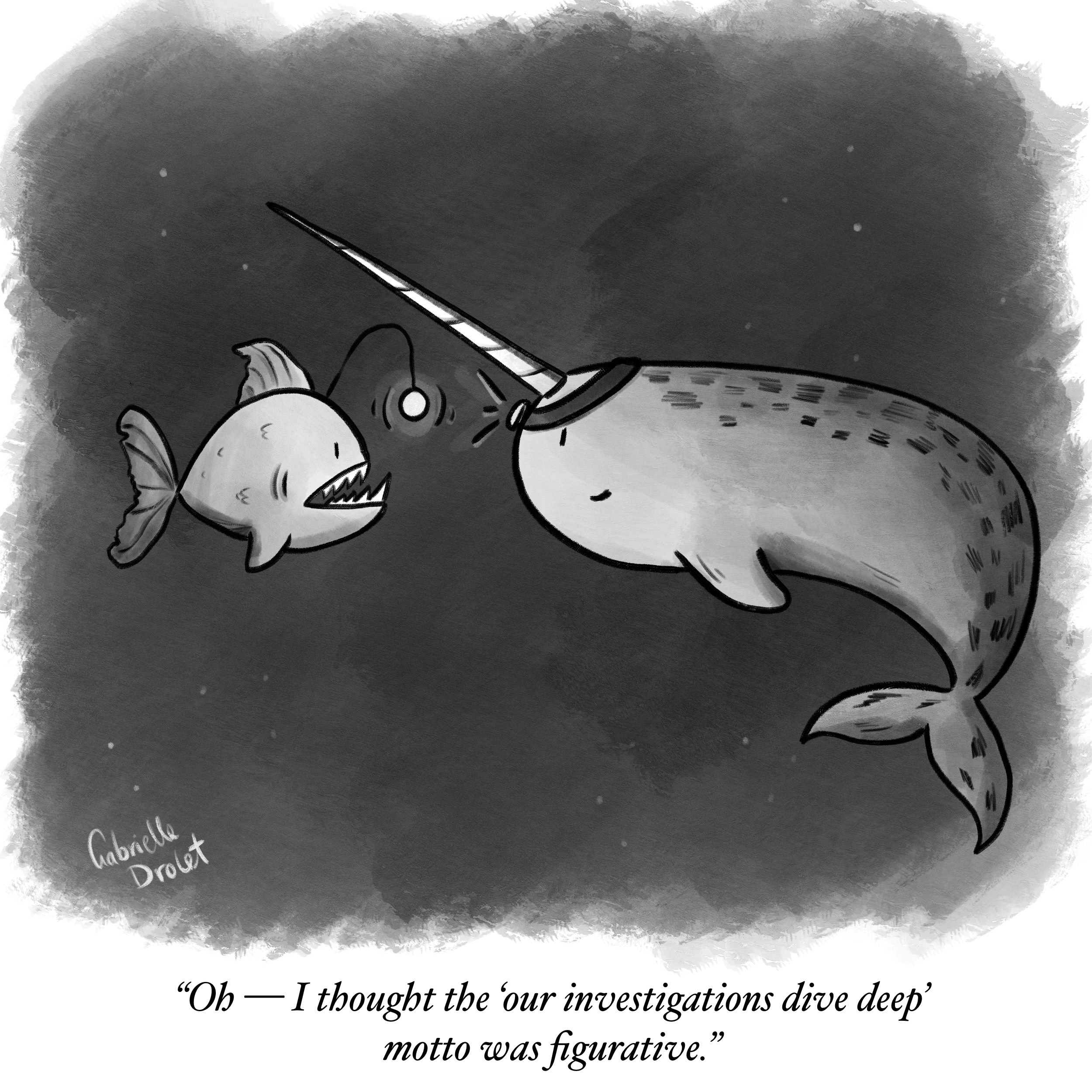 Illustration of an anglerfish (with a light hanging off its head) and a narwhal wearing a headlamp with a dark background to emulate the bottom of the ocean. Text reads: "Oh, I thought the 'our investigations dive deep' motto was figurative."