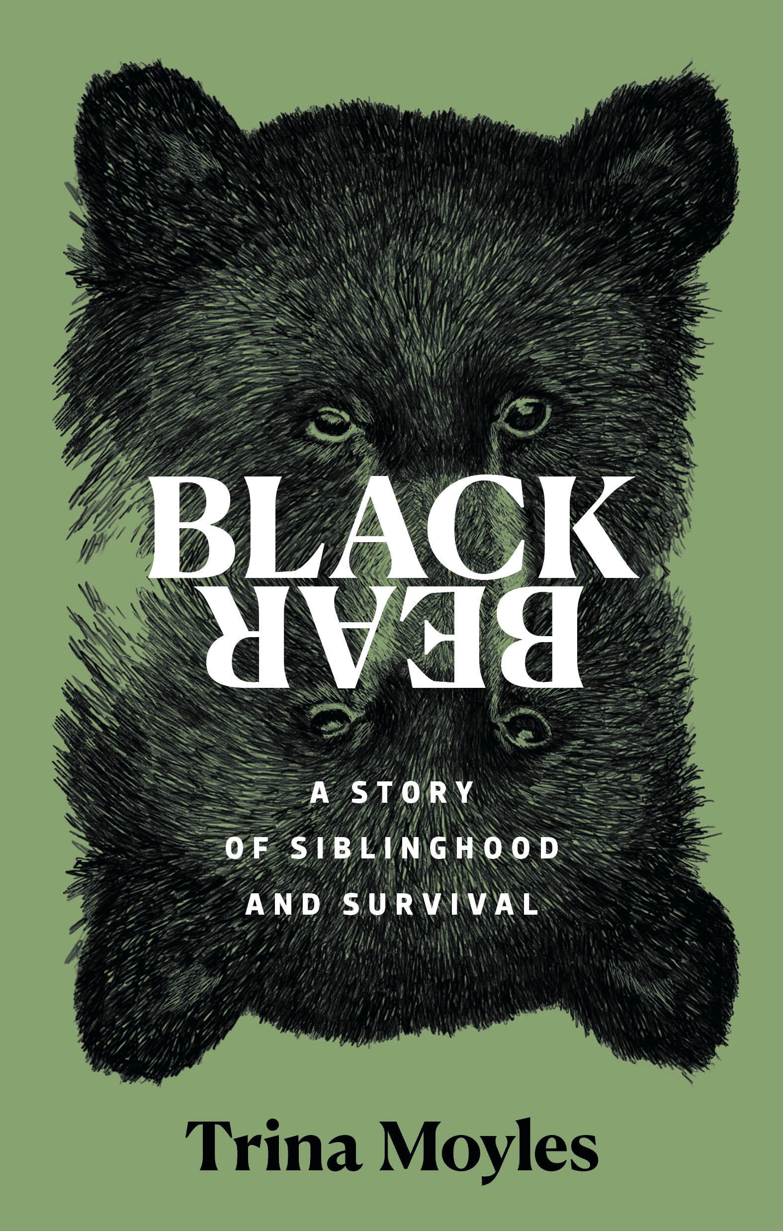 The book cover of Trina Moyles's Black Bear, with a mirror image illustration of two black bear heads and a green background.