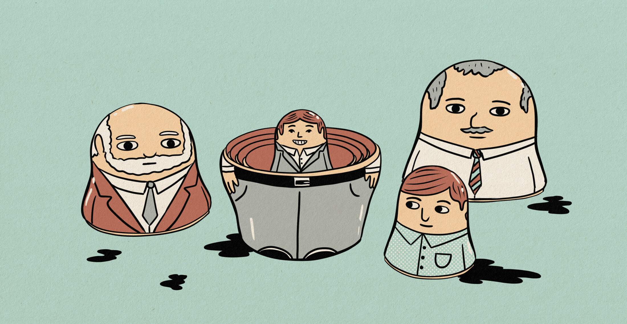 An illustration showing nesting dolls of business people.
