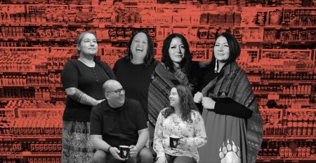 A collage of several Indigenous small business owners, in black and white, against a red-tinted backdrop of a grocery store shelf. In the front, Rye and Shyra Barberstock smile at each other holding mugs. In the back, from left to right, Sarah Meconse Mierau, Jordan Hocking, Kelsey Coutts and Destiny Houshte smile, some looking towards the lens and others looking away.