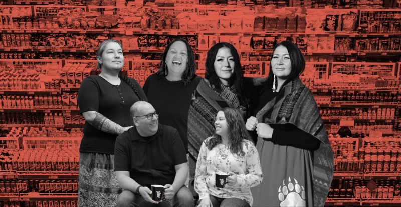 A collage of several Indigenous small business owners, in black and white, against a red-tinted backdrop of a grocery store shelf. In the front, Rye and Shyra Barberstock smile at each other holding mugs. In the back, from left to right, Sarah Meconse Mierau, Jordan Hocking, Kelsey Coutts and Destiny Houshte smile, some looking towards the lens and others looking away.