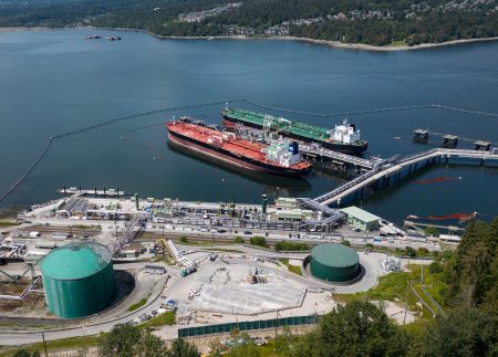 Two oil tankers are docked at a terminal in Burnaby, B.C.