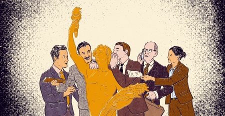 A graphic illustration of the Manitoba Golden Boy statue with several men in suits beside it and one whispering into its ear.