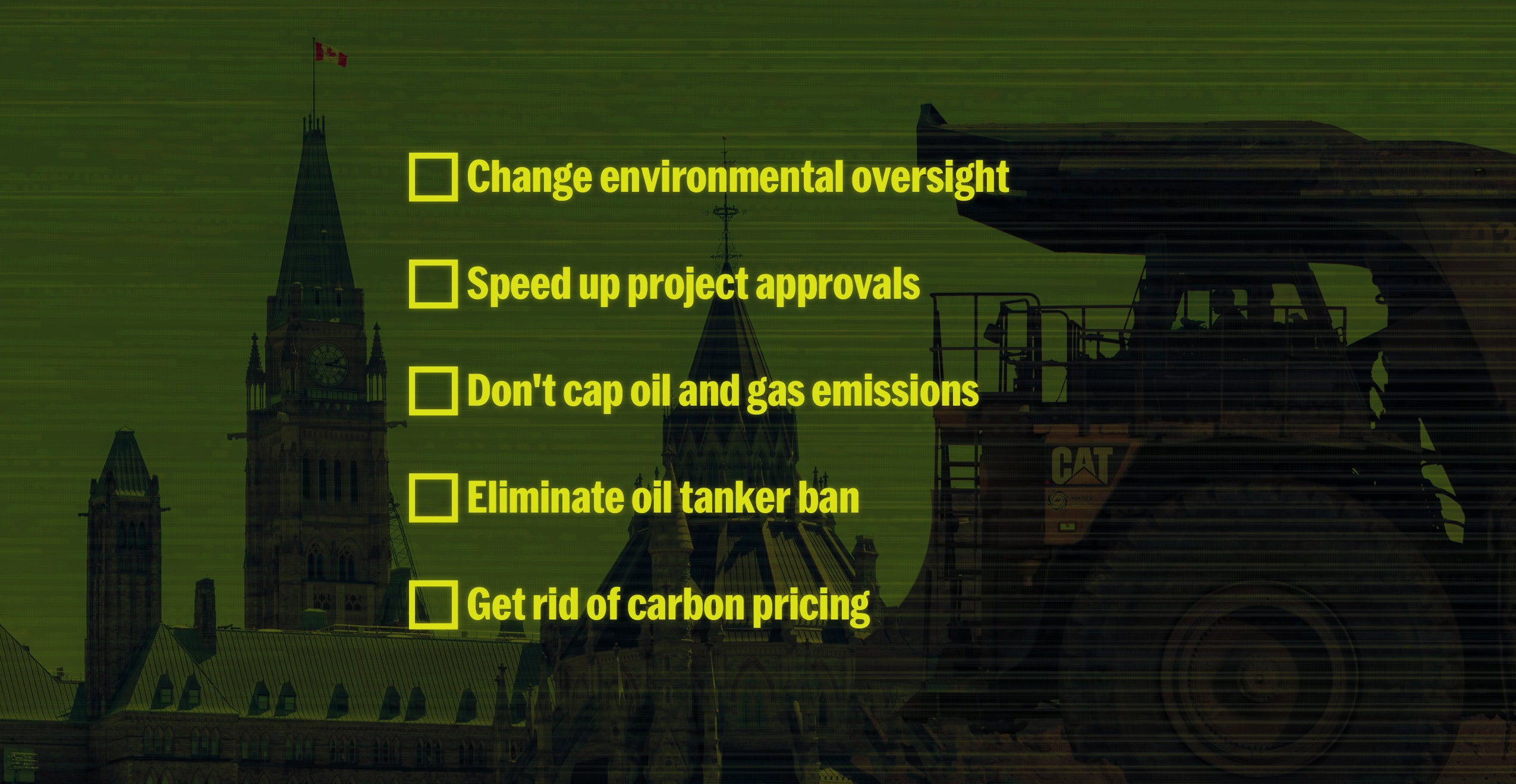 A graphic displays a to-do list with unchecked boxes, with Parliament Hill and industrial equipment in the background.