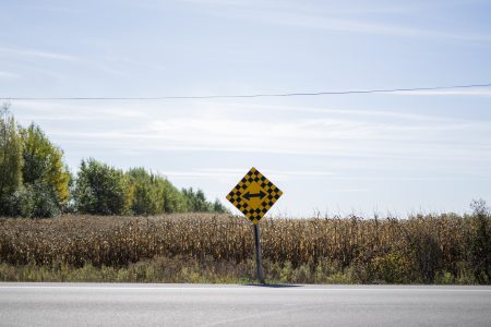 A road sign with an arrow pointing in both directions, in front of a corn field