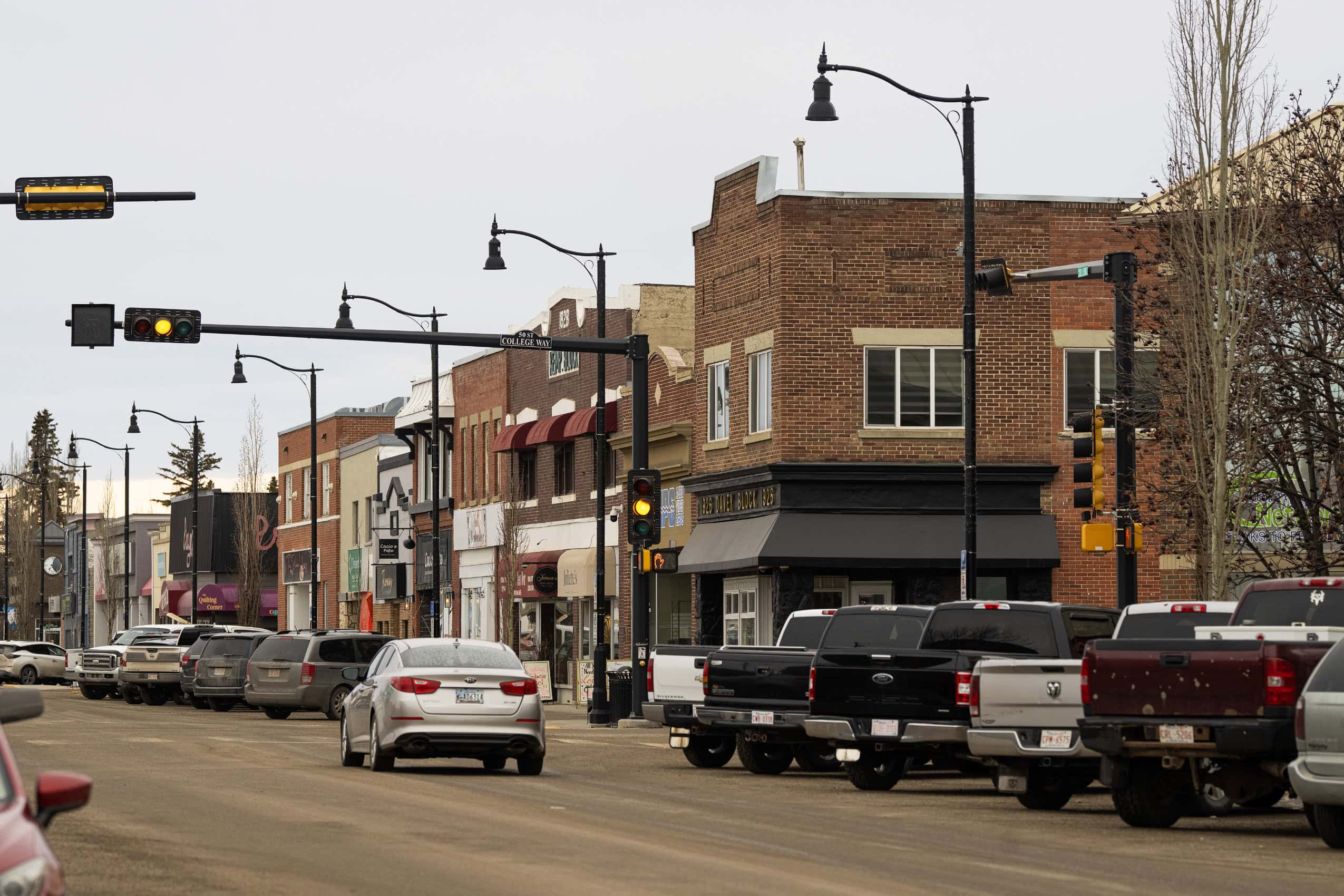 A photograph of a street in downtown Olds, Alberta.