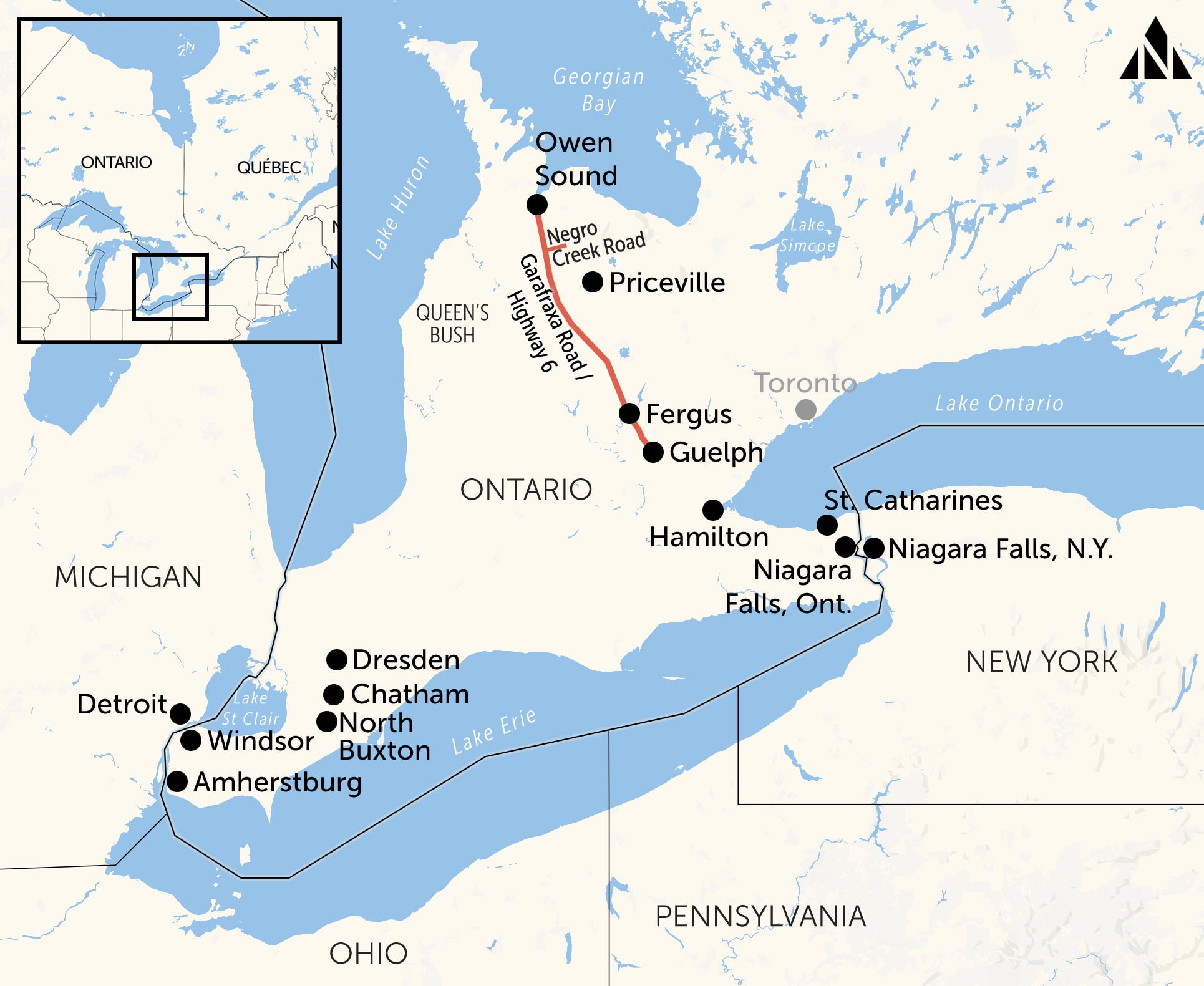 A map depicting sites visited by Ken Johnston during his hikes to retrace the routes of Black settlers in Canada during the Underground Railroad era. Most of the sites on the map are in southwestern Ontario.