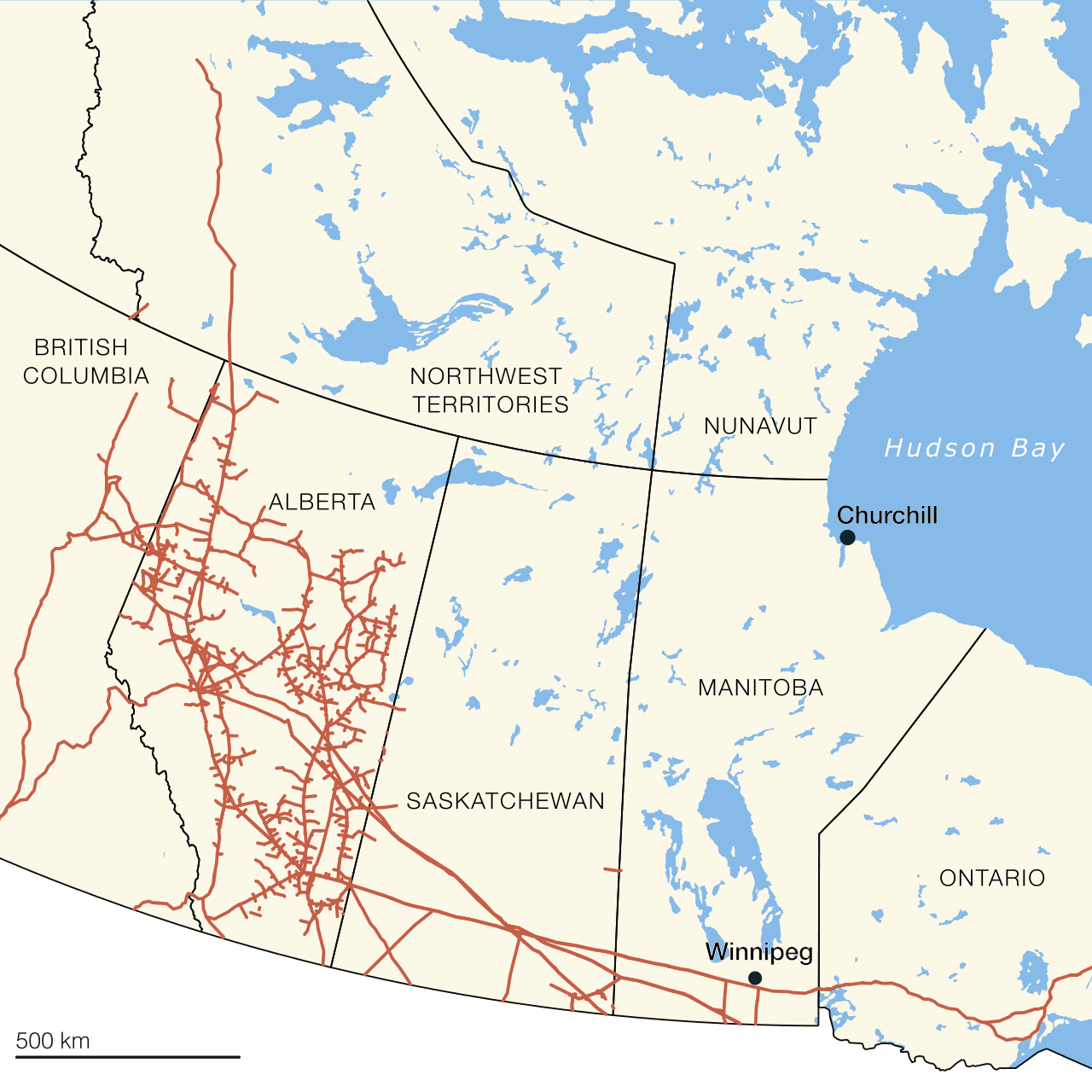 A graphic map depicting federally regulated pipelines in Western Canada.