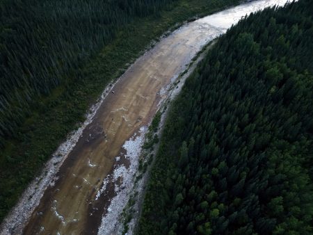 An aerial view of a river flowing through a forested landscape.