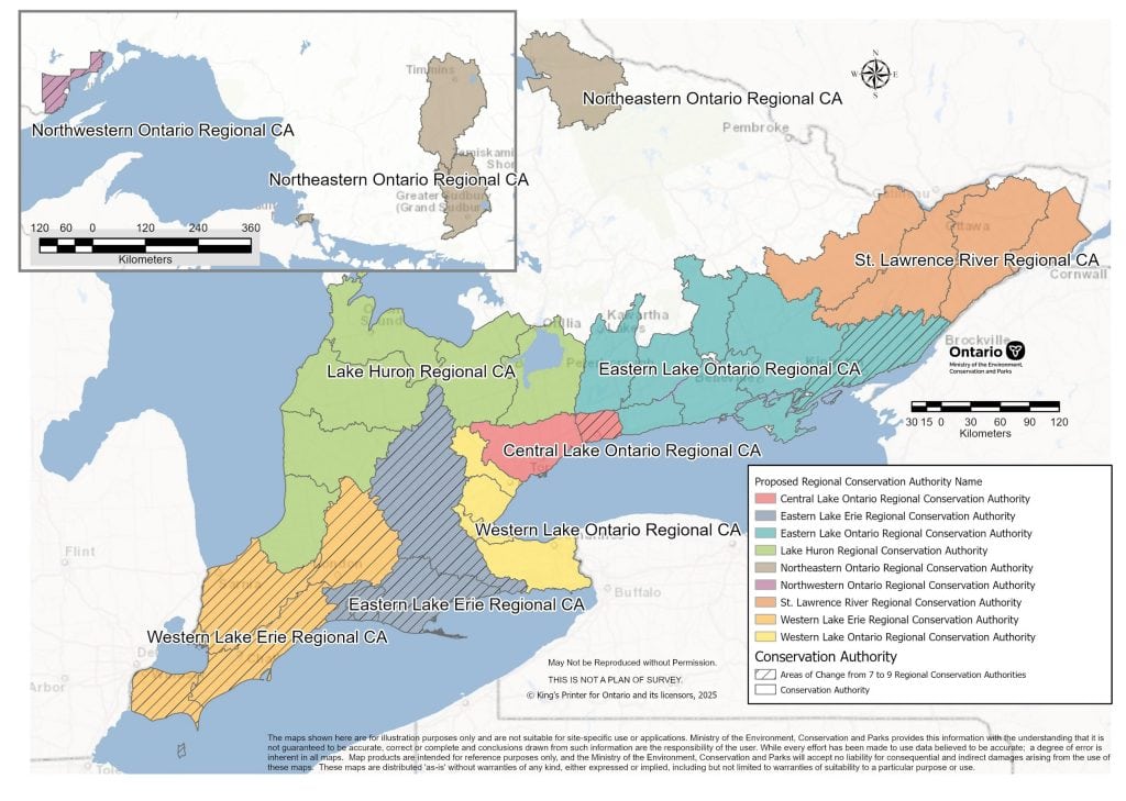 A map of southern Ontario, depicting the proposed boundaries for the province's newly amalgamated conservation authorities.