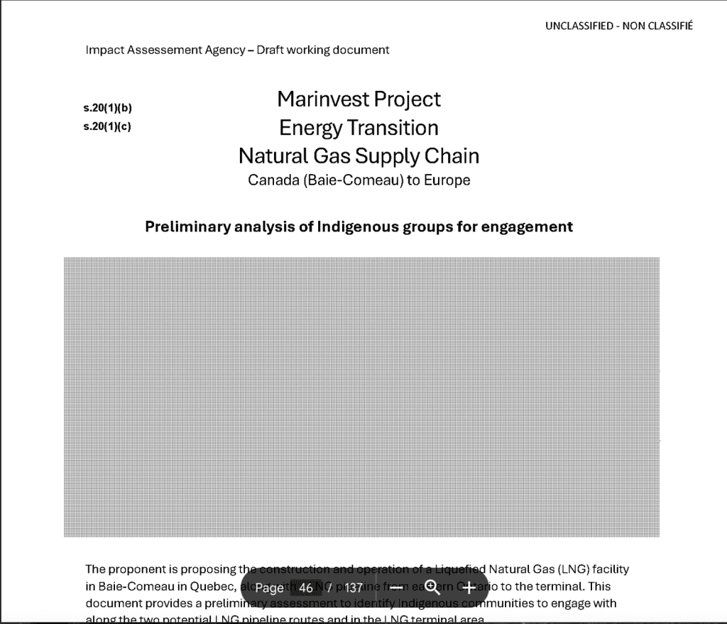 a screenshot of one page in a 137-page access to information request about the Baie-Comeau LNG project