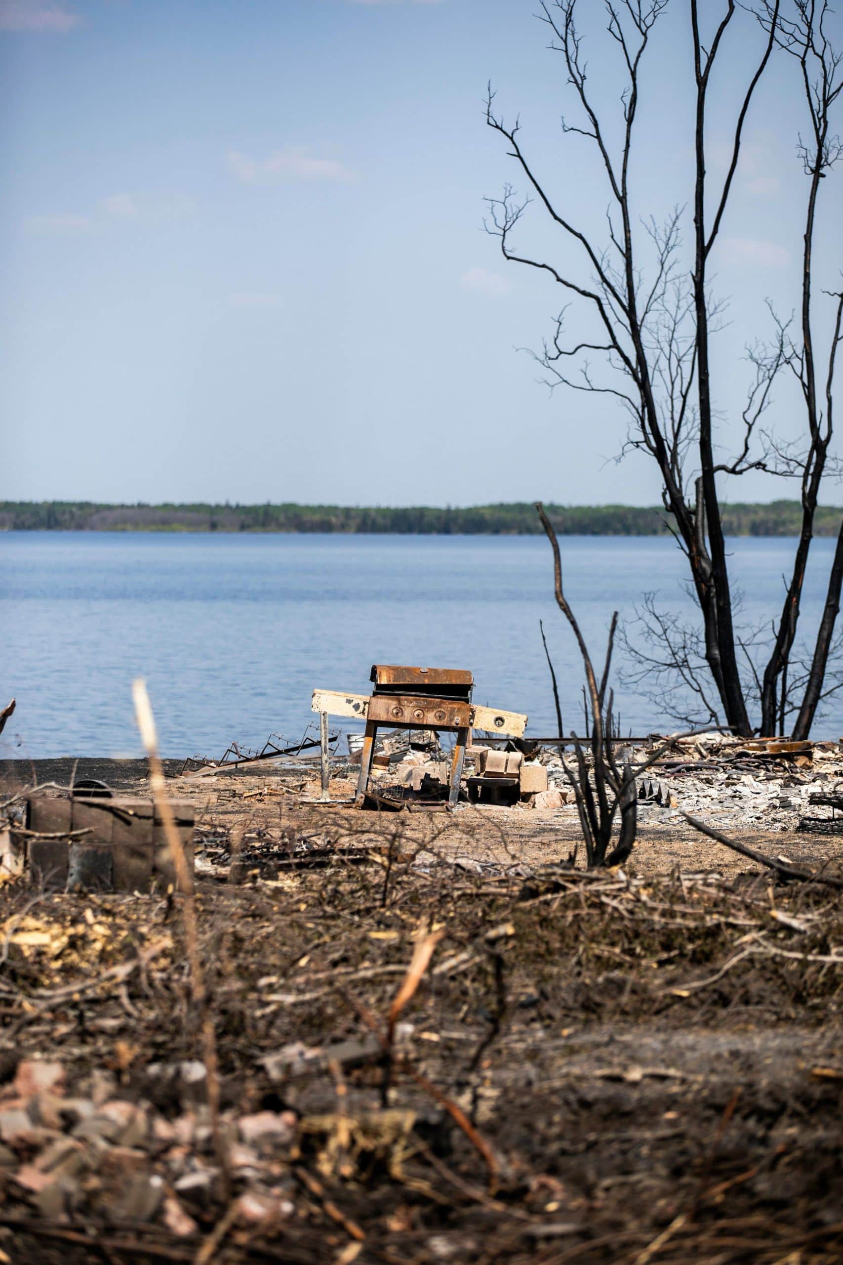 A barbecue, charred and warped from a fire, sits near a blackened tree and other fire debris next to a lake