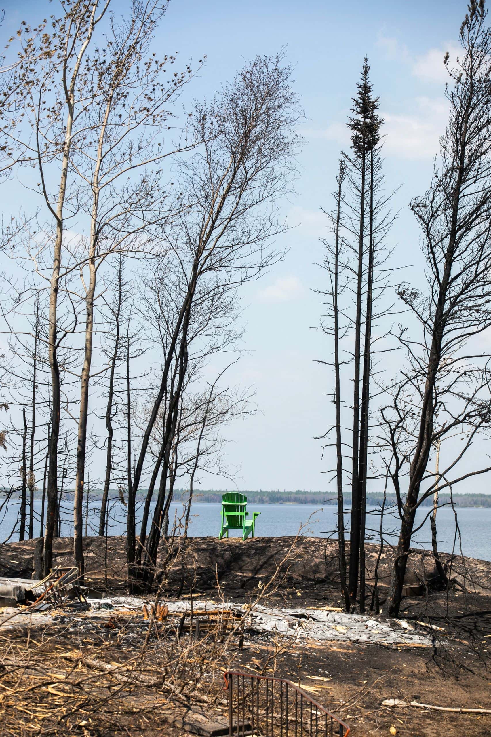 A bright green Muskoka chair sits in an elevated spot near a lake, among blackened trees and a fire-scarred earth.